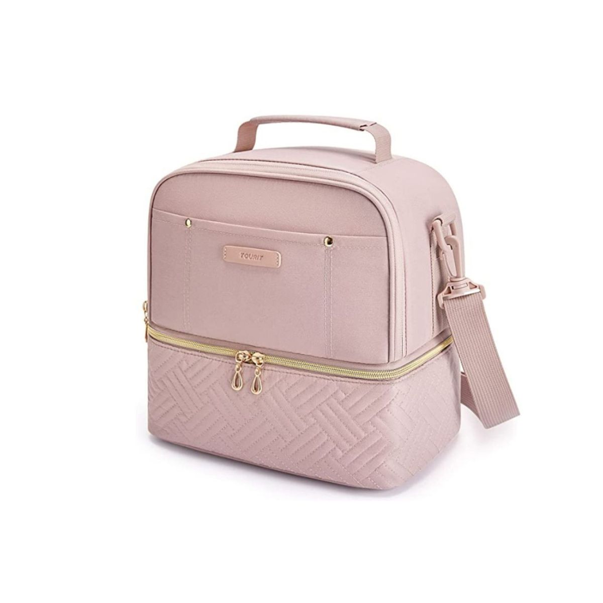 Pale pink lunchbox with gold zippers