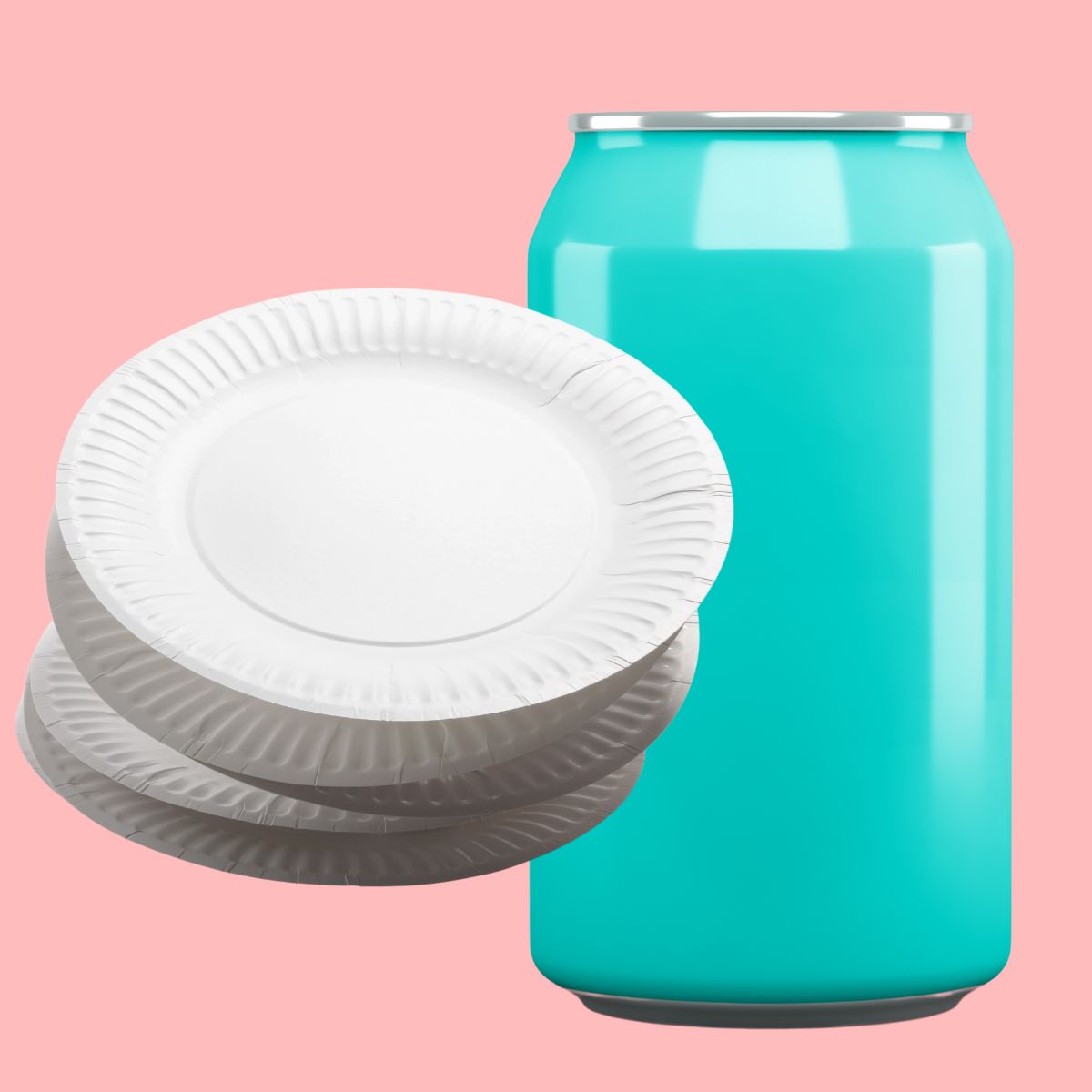 Blue soda can and white paper plates on pink background