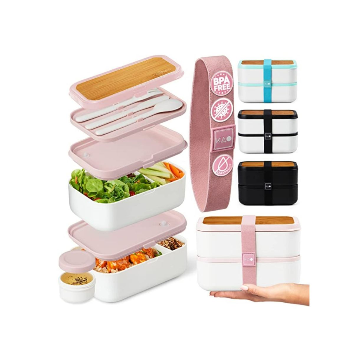 Pink and white stacking Bento Boxes with pink strap