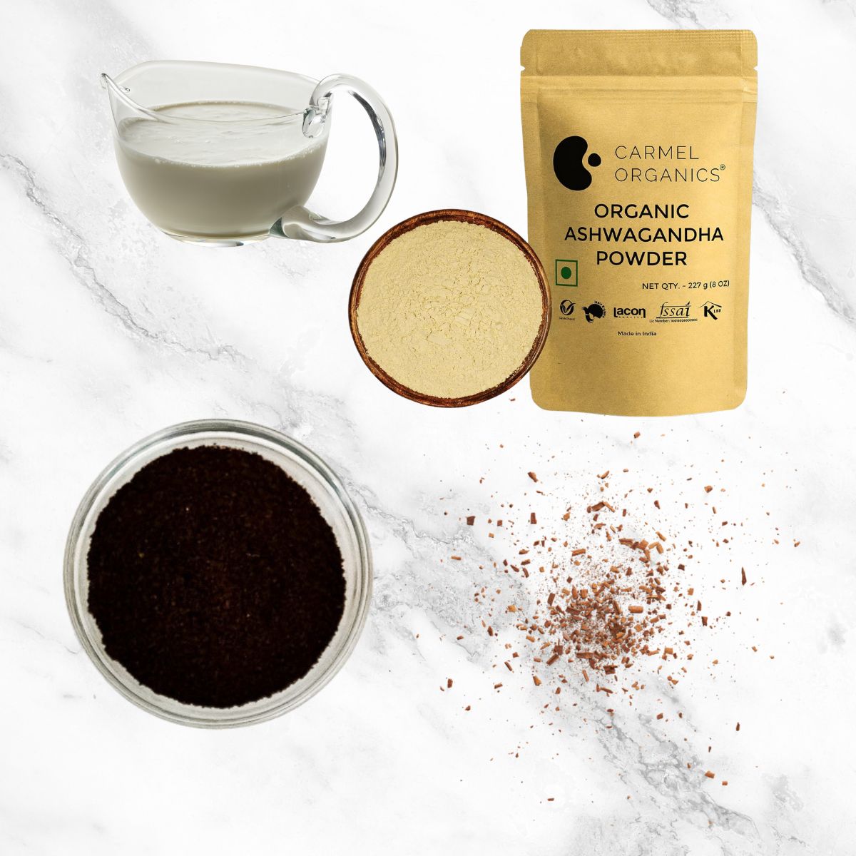 Milk, Ashwagandha Powder, Coffee and Cinnamon - the ingredients in Ashwagandha Coffee