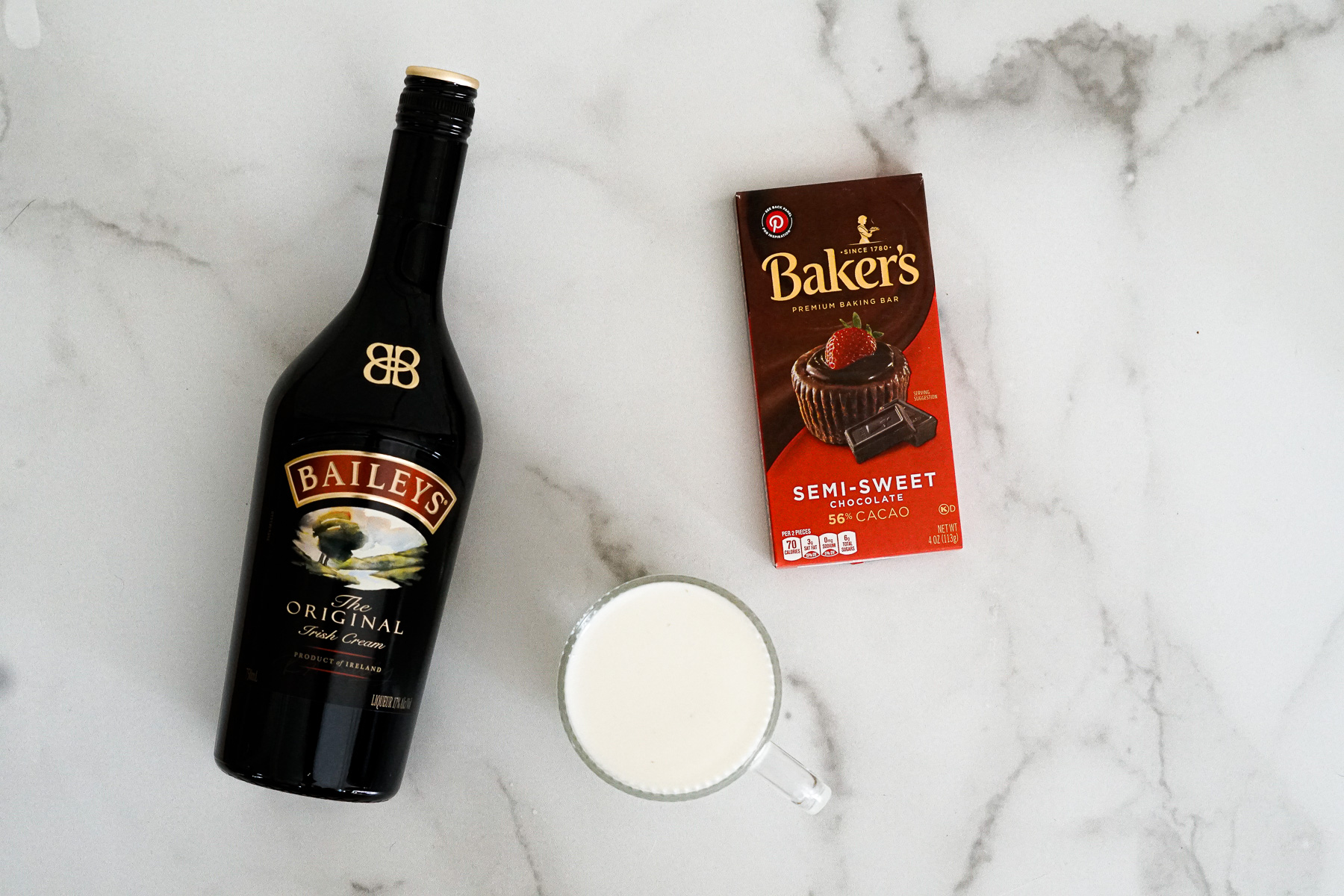 Bailey's Irish Cream, Semisweet chocolate and milk - ingredients for Bailey's Irish Cream Hot Chocolate.
