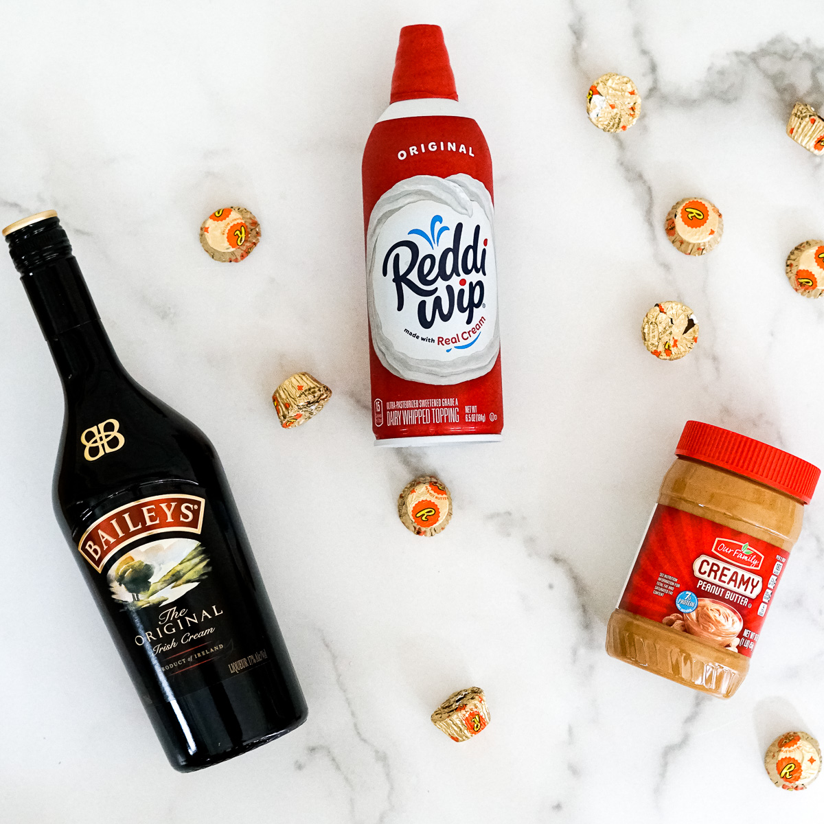 Bailey's Irish Cream, Creamy Peanut Butter, Whipped Cream and Reese's Peanut Butter Cups - Ingredients for a Bailey's Irish Cream and Peanut Butter Cup Latte