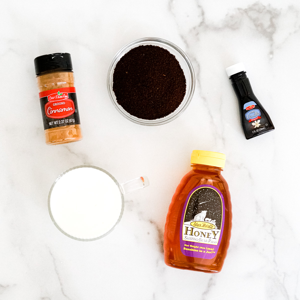 Cinnamon, Coffee, Vanilla, Milk, Honey - Ingredients in a Coffee Honey Recipe