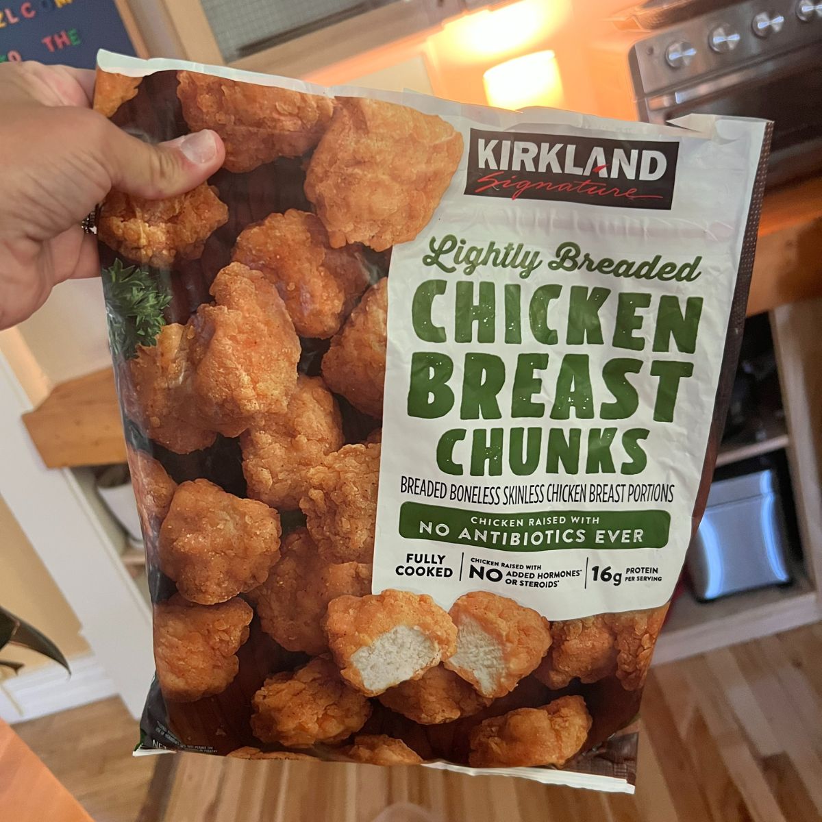 Bag of Kirkland Chicken Breast Chunks available in the freezer aisle.
