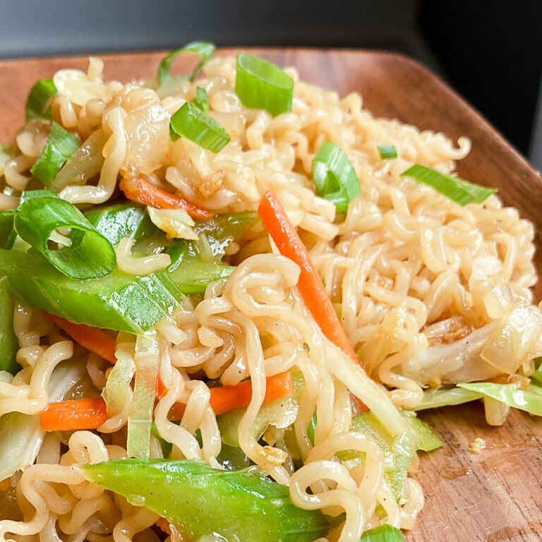 Chow mein recipe on wooden plate