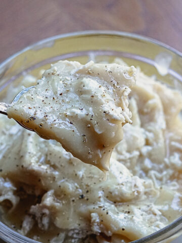 Dairy free chicken and dumplings in a glass bowl