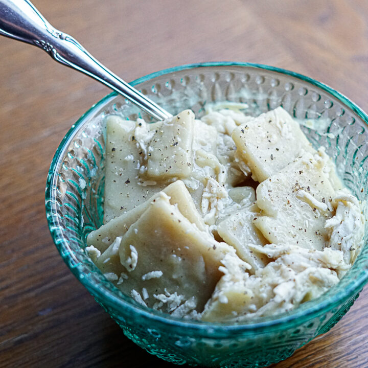 Gluten Free Chicken and Dumplings in a teal bowl
