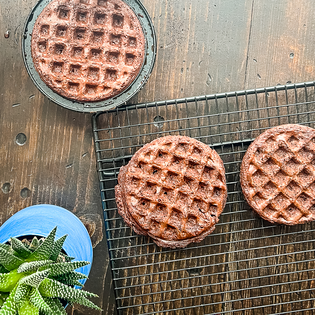 Brownie waffles cooling on a cooling rack with one brownie in waffle iron