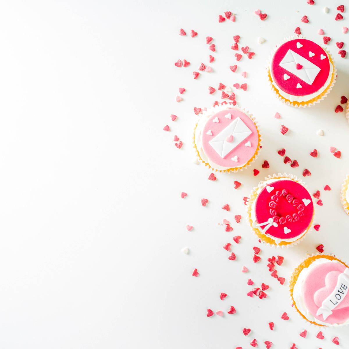 White background with valentine's day decorated cupcakes and heart shaped sprinkles scattered