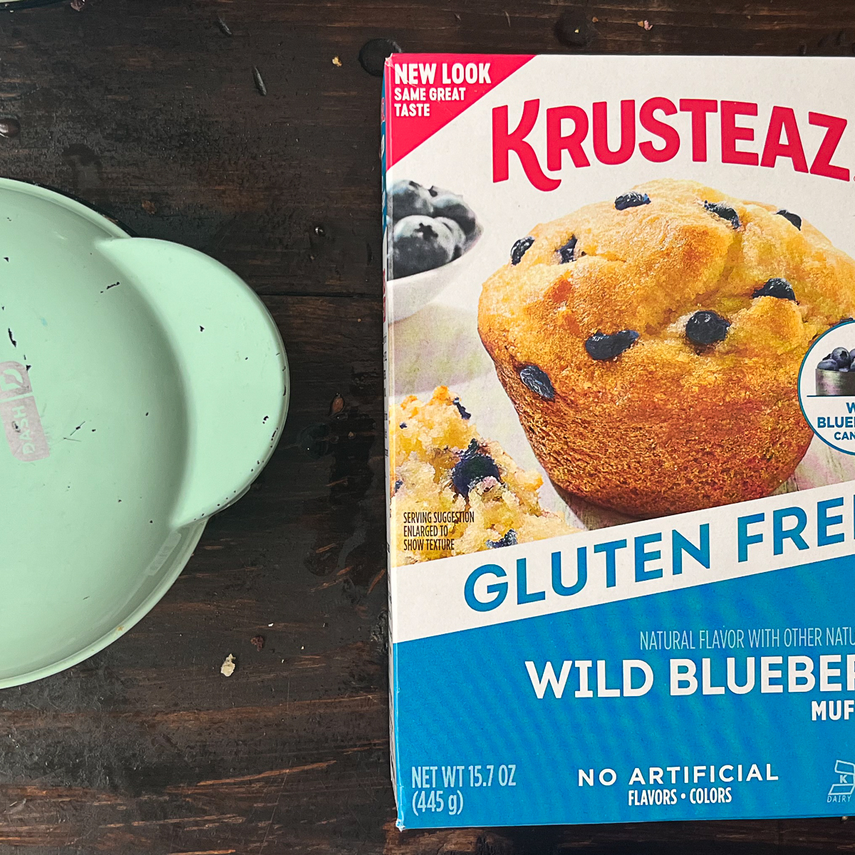 blueberry muffin waffles ingredients - box of Krusteaz muffin mix and a Dash Mini Waffle Maker